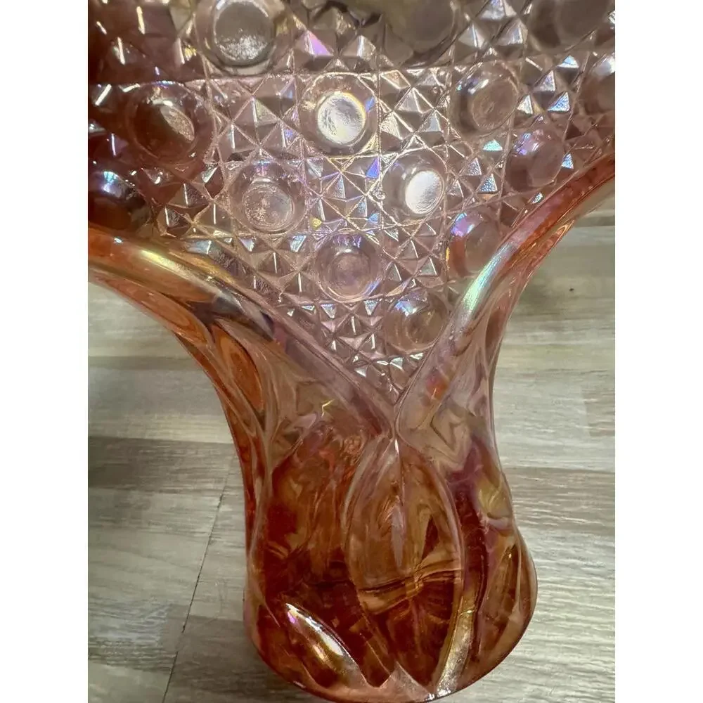 Vintage Pink Carnival Glass Basket Iridescent Hobnail Art Mid Century Decorative